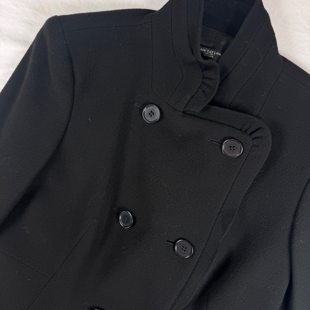 Ann Taylor Blazer Womens 10P Black Wool Double Breasted Funnel Neck Jacket